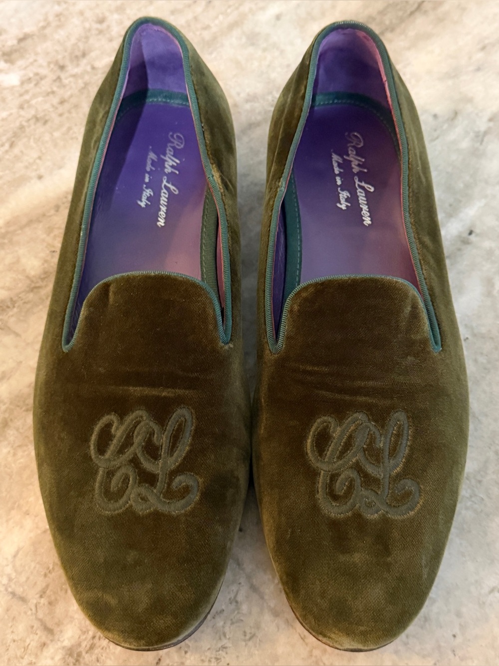 RALPH LAUREN PURPLE LABEL ALONZO Green Velvet Stubbs Slippers Loafers 8 Wootton